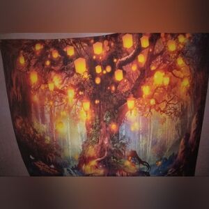 Mystical Forest Tapestry with Glowing Lanterns